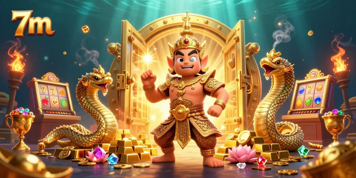 Experience the excitement of 7m casino with golden treasures and vibrant characters in action.
