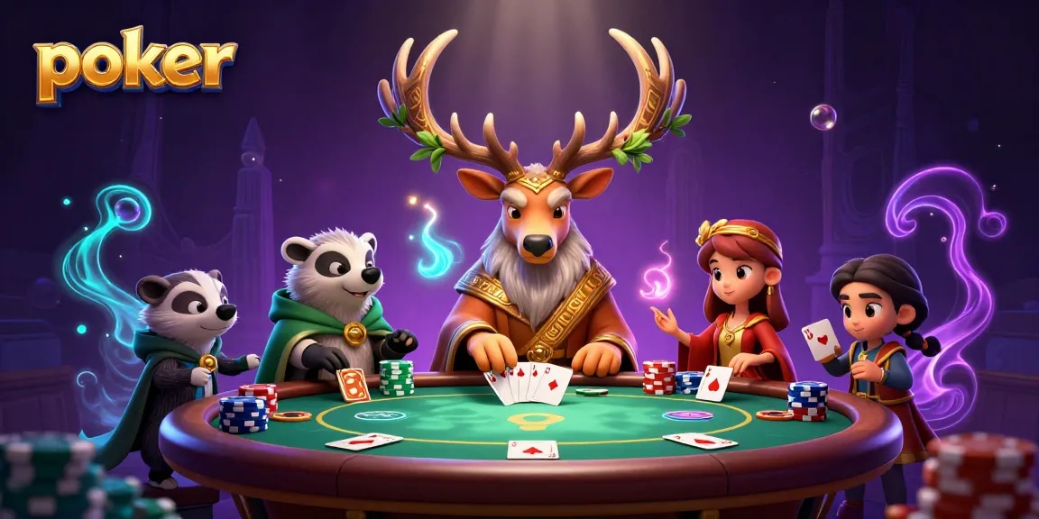 Experience poker action with our vibrant 3D scene featuring characters and iconic game elements.