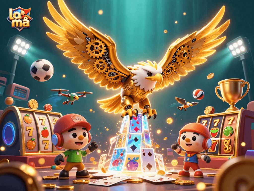 Win big at la mã with 3D golden eagle diving through colorful slot reels and holographic cards.