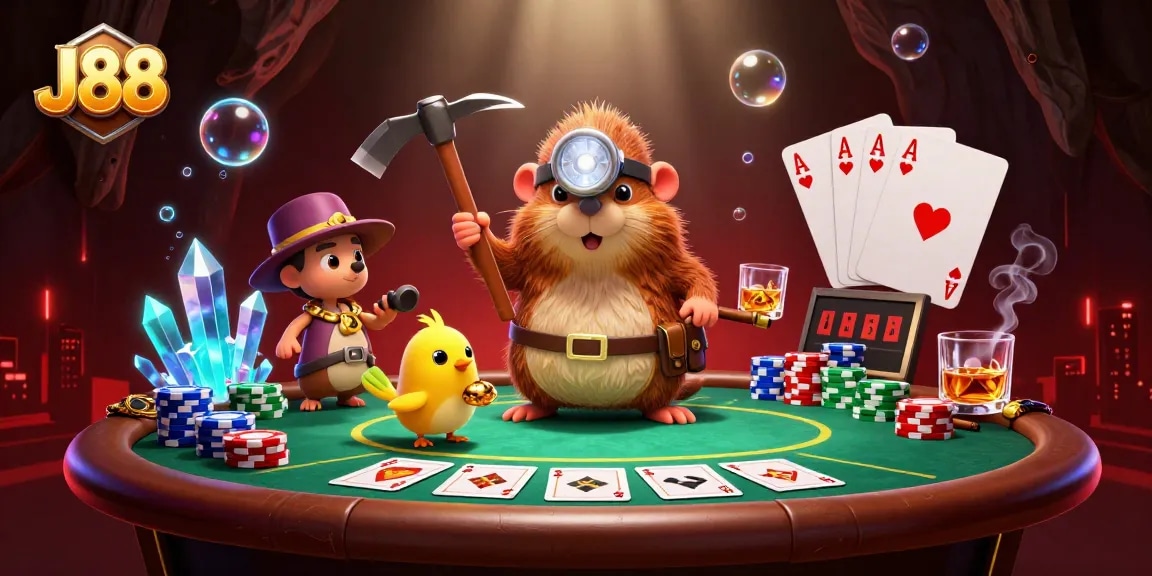 Engage with J88's vibrant casino scene featuring a treasure hunter mole and poker elements.