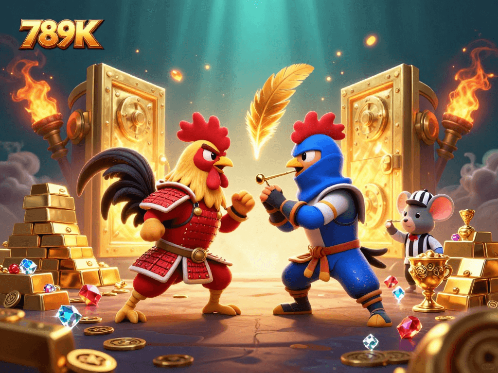 Engage in the thrilling action of 789K with cartoon roosters battling, showcasing dynamic casino elements.
