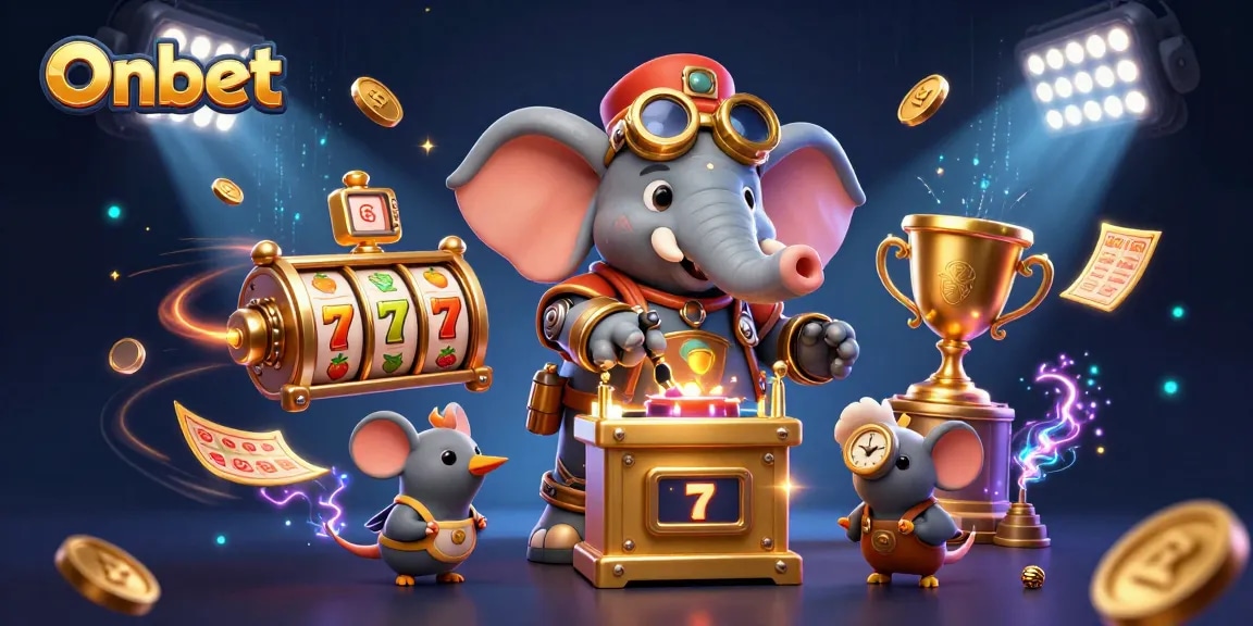 Play slots at Onbet featuring vibrant characters, jackpot symbols, and casino ambiance.