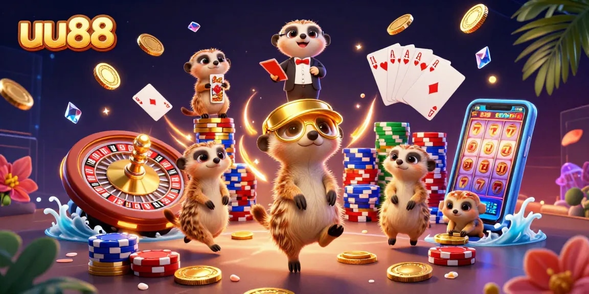 Experience the excitement of uu88 as meerkats run a vibrant casino with festive game elements.