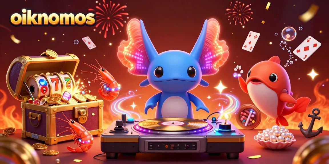 Experience oikonomos with a vibrant 3D casino scene showcasing energetic characters and thrilling games.