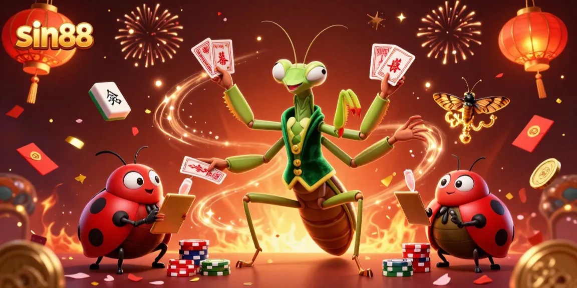 sin88 gaming characters delighting players with cards and festive elements in a lively casino scene