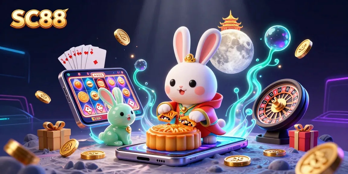 Experience the excitement of SC88 with a vibrant casino scene featuring moon rabbits and casino elements.