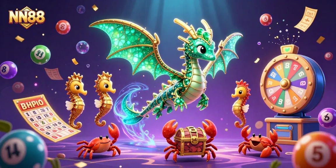 Join the excitement with NN88 as colorful lottery balls and treasures surround a magical sea dragon scene.