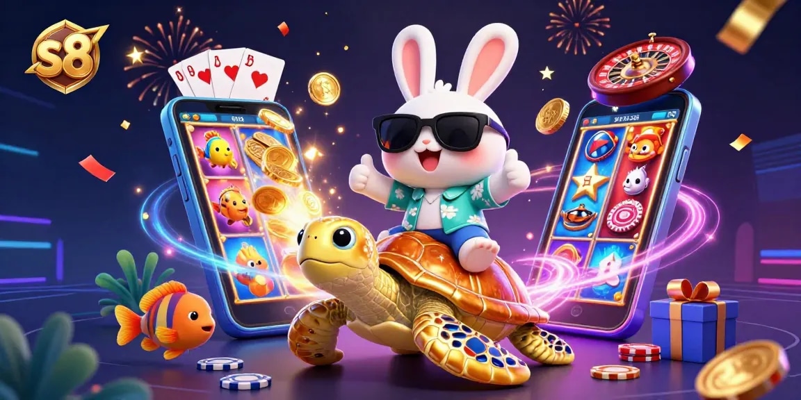 S8 engages players with a vibrant scene featuring a lucky rabbit and golden sea turtle amid colorful casino symbols.