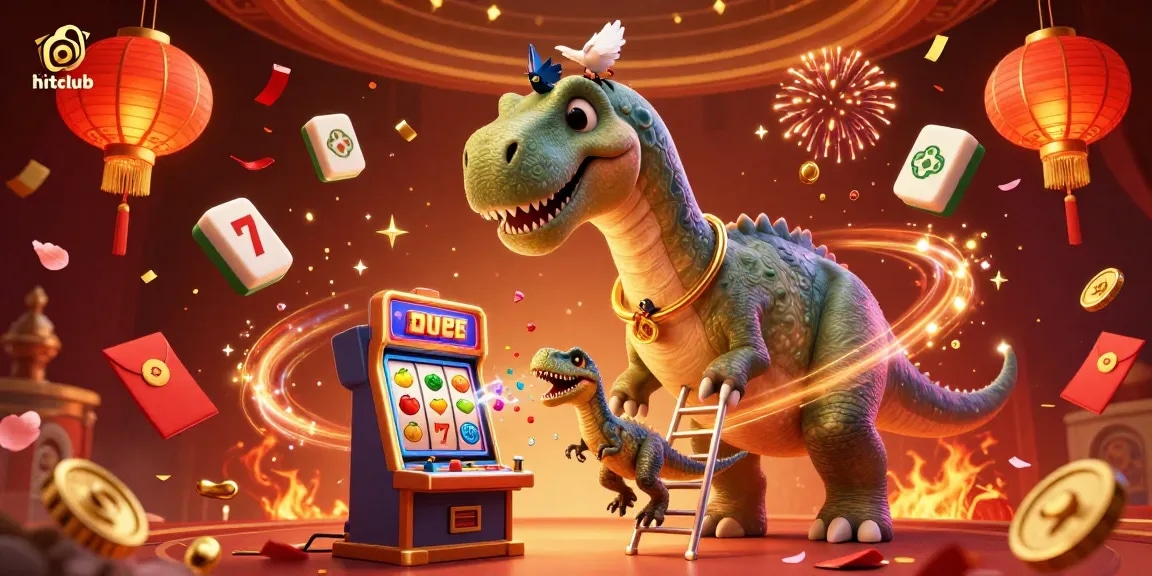 Engage in gaming fun at hitclub with a giant brontosaurus and raptor spinning vibrant slot reels.