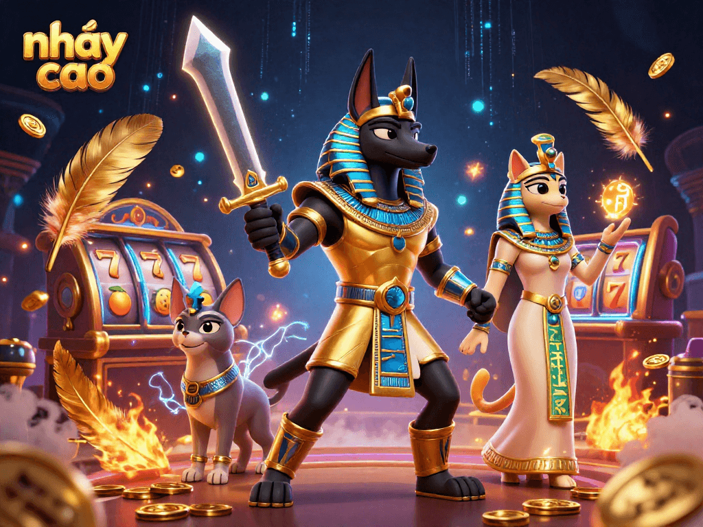 Engage in nhảy cao with vibrant casino elements and ancient Egyptian characters in intricate 3D illustration.