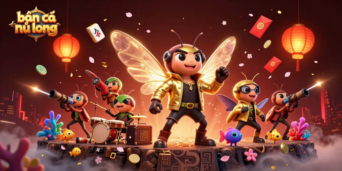 Shoot and enjoy "bắn cá ngũ long" in a vibrant 3D illustration featuring dynamic characters and game elements.