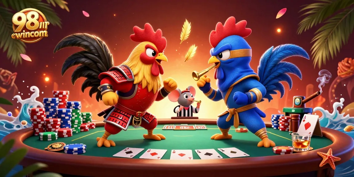 Engage with thrilling 98wincom action in a dynamic poker showdown featuring roosters.