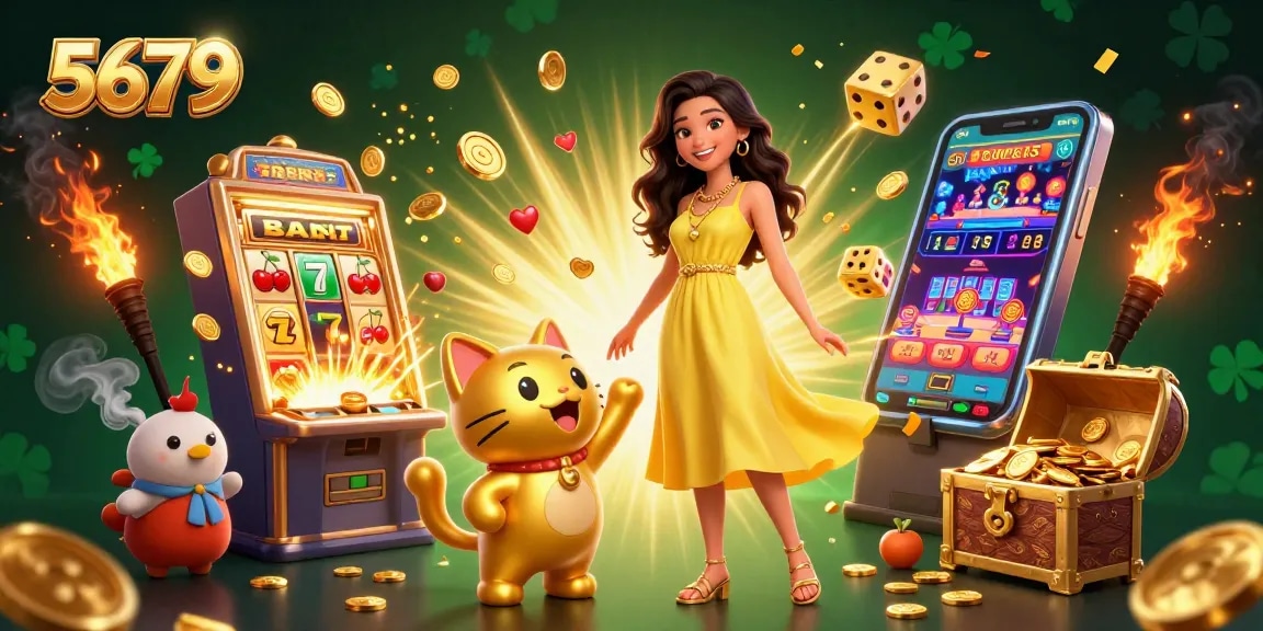 Win big with 5679's vibrant casino scene featuring a cheerful woman and golden mascot.