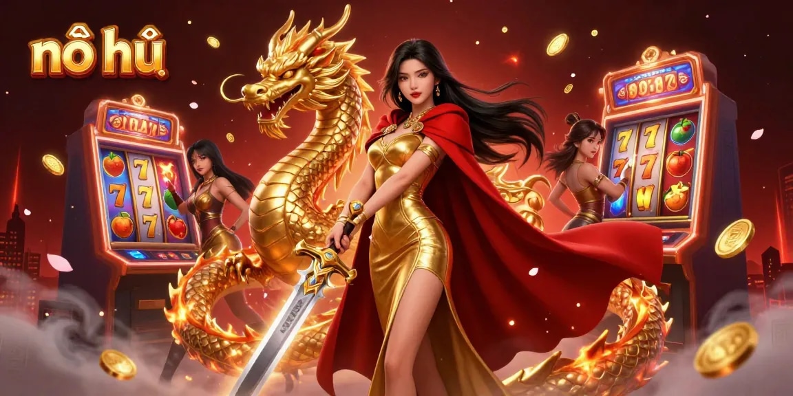 Win big with nổ hũ slots as a warrior queen commands a golden dragon amidst vibrant casino elements.