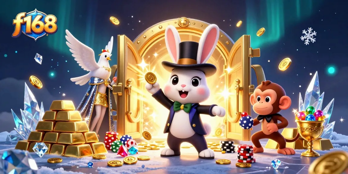 Experience the excitement of f168 as a magician rabbit conjures coins, flanked by a dove and monkey amidst jewels.