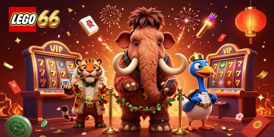 Join the fun at Lego66 with unique characters and vibrant slot game elements in a dazzling casino scene.