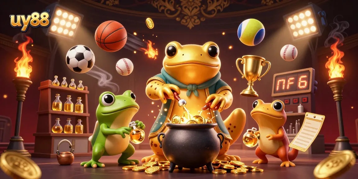 Engage in thrilling bets with uy88 at this vibrant 3D animated casino scene featuring golden salamander and sports elements.