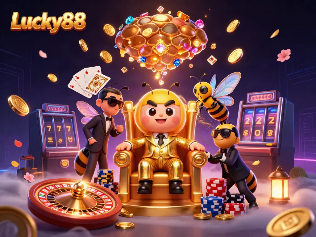Experience extraordinary gaming with Lucky88 featuring a bumblebee mob boss, poker chips, and golden coins.