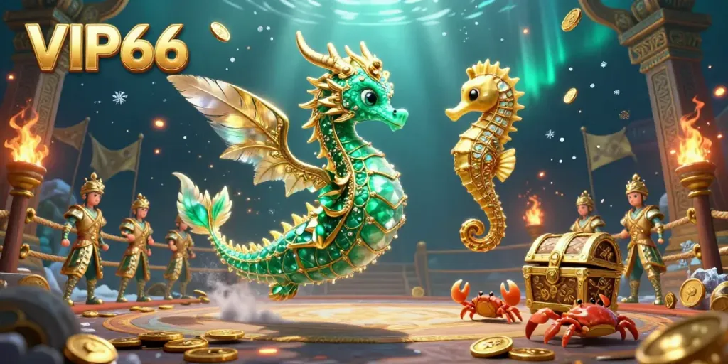 Experience the vibrant VIP66 fantasy world featuring an emerald sea dragon and treasures in a dynamic gambling setting.