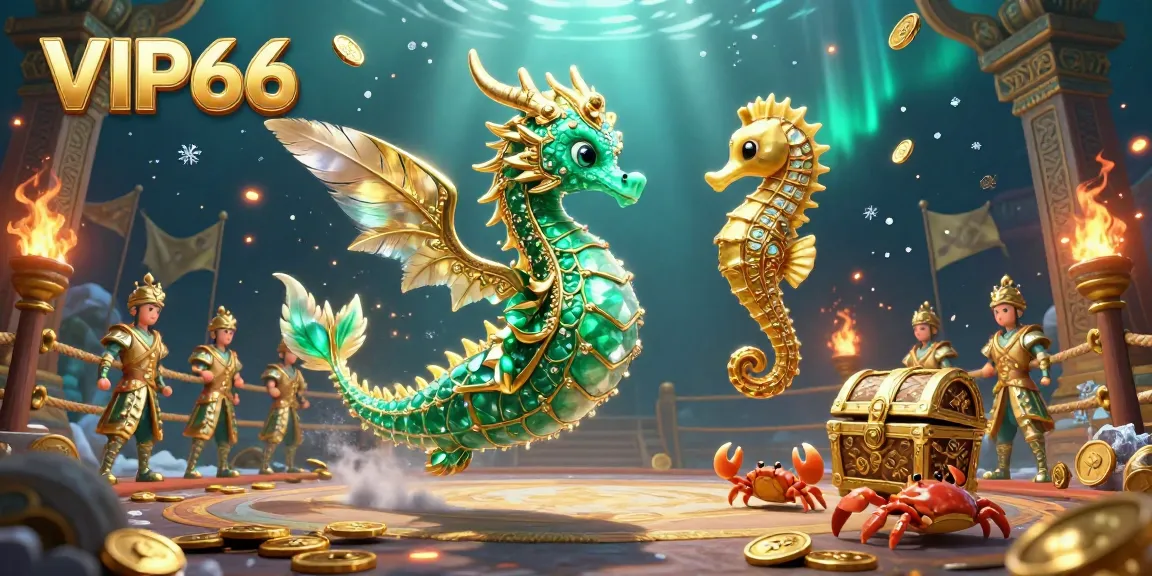 Experience the vibrant VIP66 fantasy world featuring an emerald sea dragon and treasures in a dynamic gambling setting.