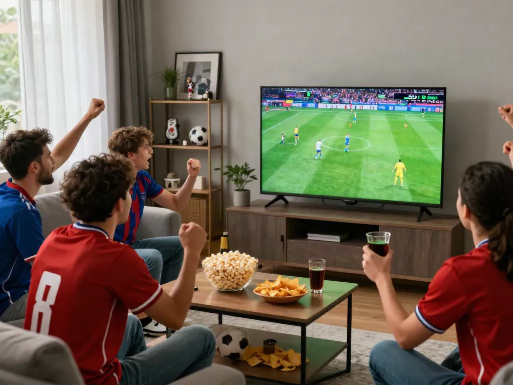 Thapcamtv fans cheering in a lively sports viewing room during a match.