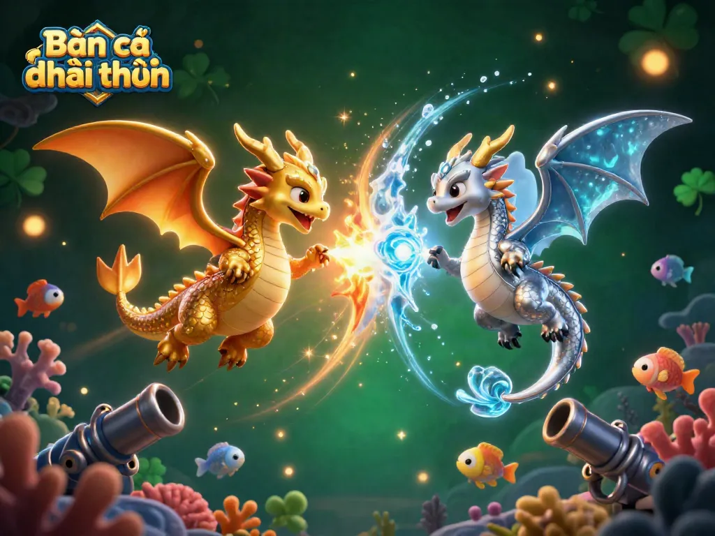Engage in Bắn cá đổi thưởng with two intertwined dragons and dynamic fish shooting elements in a vibrant 3D scene.