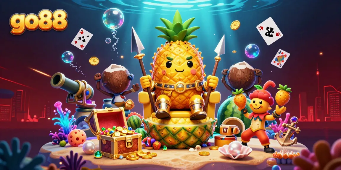 Spin the reels and win big with go88 at this vibrant beach casino featuring animated characters.