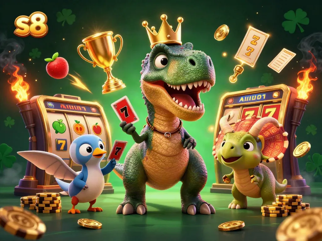 Join the fun at s8 with cartoon dinosaurs enjoying slots and stacking chips in a vibrant casino scene.