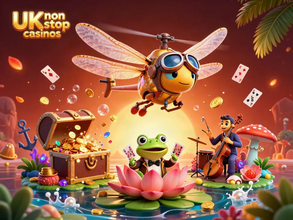 Experience the thrill of UK non gamstop casinos with a dynamic scene featuring a cartoon dragonfly pilot and colorful casino elements.