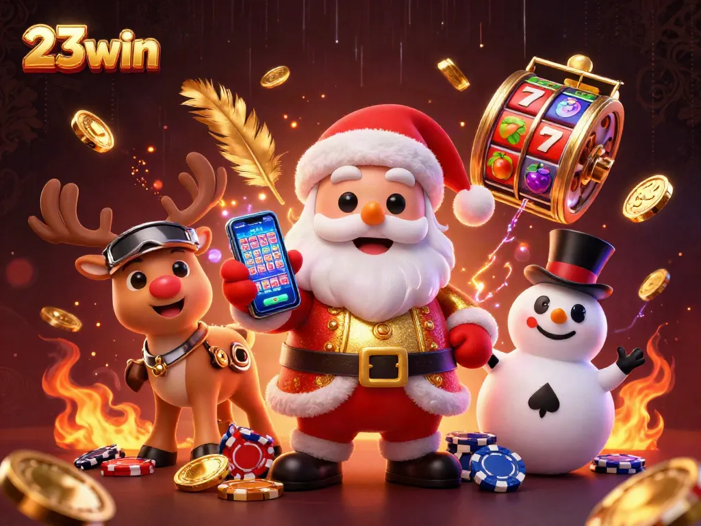 Engage with vibrant 23win casino gaming action featuring Santa and friends in a festive jackpot scene.