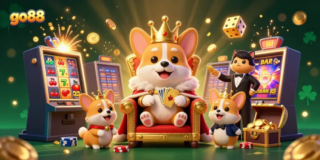 Experience the excitement of go88 with a royal corgi on a throne of chips amidst dynamic casino elements.