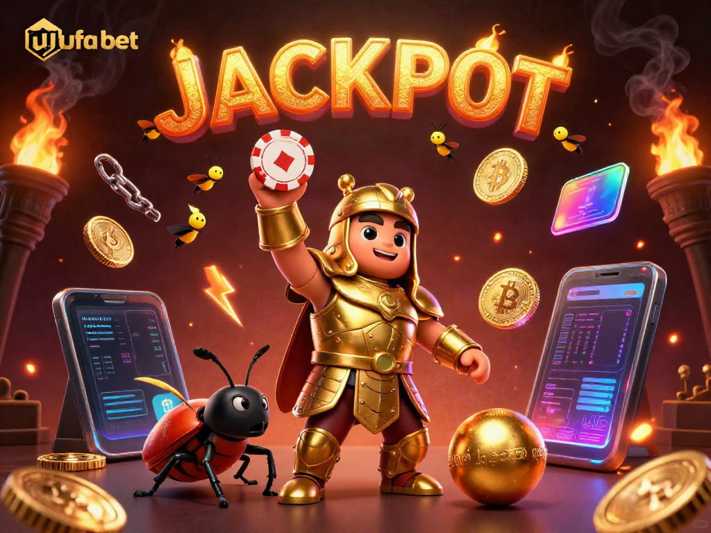 Experience the excitement of ufa bet with a victorious golden beetle and dynamic elements celebrating a jackpot.