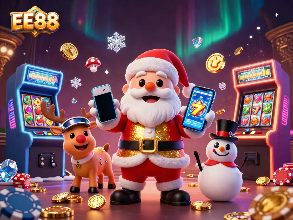 EE88 Santa Claus character enjoying jackpot slots in a vibrant, colorful casino scene.