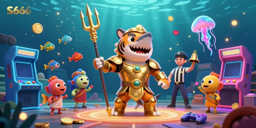 Experience the underwater adventures of S666 with a golden gladiator shark and exciting game elements.