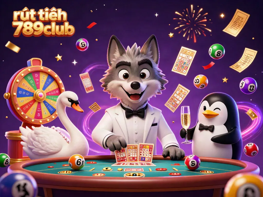 Experience rút tiền 789club with animated characters celebrating at a baccarat table amidst lively lottery elements.