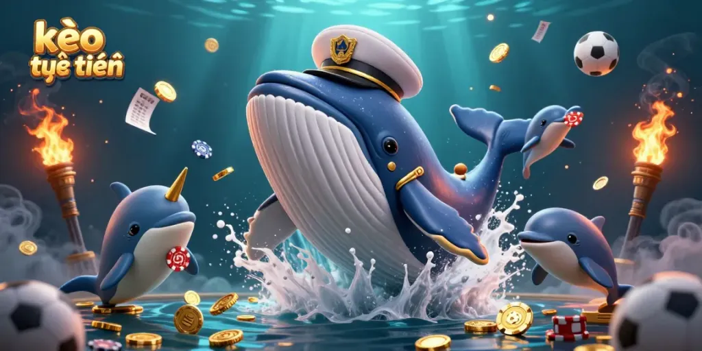 Experience kèo trực tuyến as playful dolphins engage in thrilling poker chip tricks amidst golden whales.