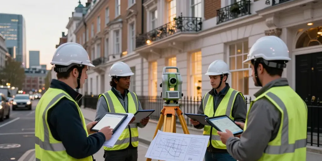 Measured Building Surveyors London team surveying an Edwardian façade in urban setting.