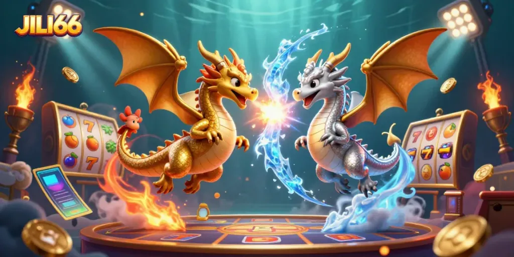 Experience chosen games at JILI66 with dragons and slot elements soaring through a vibrant scene.
