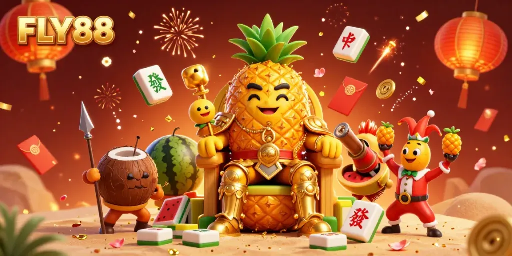 FLY88 offers a vibrant casino scene featuring a whimsical pineapple king amidst festive decor and game elements.