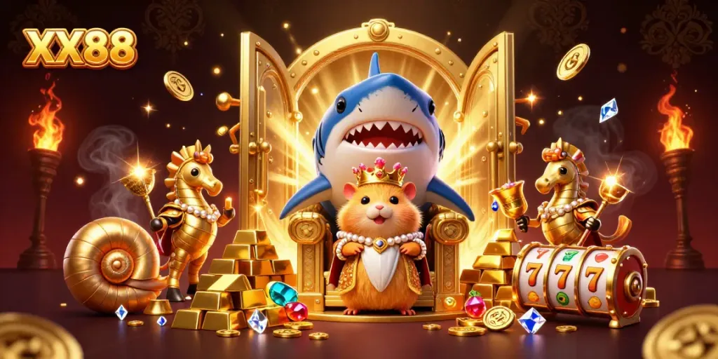 Experience excitement with XX88's golden treasures and vibrant casino elements in a lively 3D scene.
