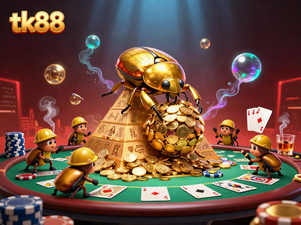 Experience the vibrant energy of tk88 with a golden beetle rolling coins in a dynamic casino scene.
