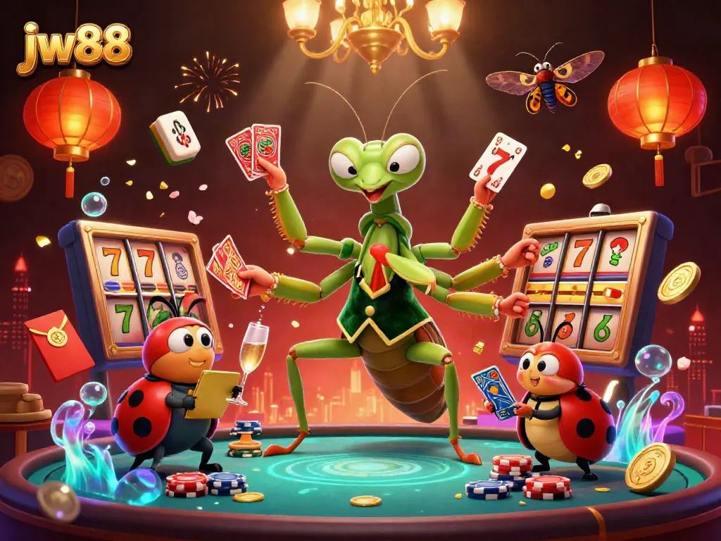 Experience engaging gameplay at jw88 with a bustling casino scene featuring 3D characters and vibrant game elements.
