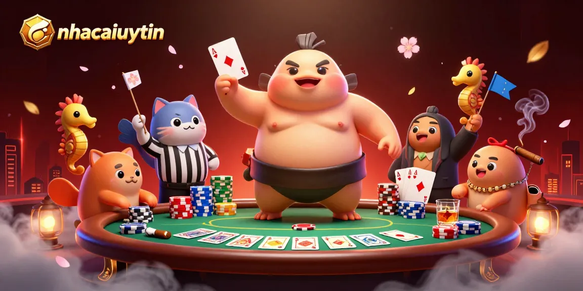 Engage in thrilling poker action at nhacaiuytin with colorful chips, fugu referee, and intense game atmosphere.