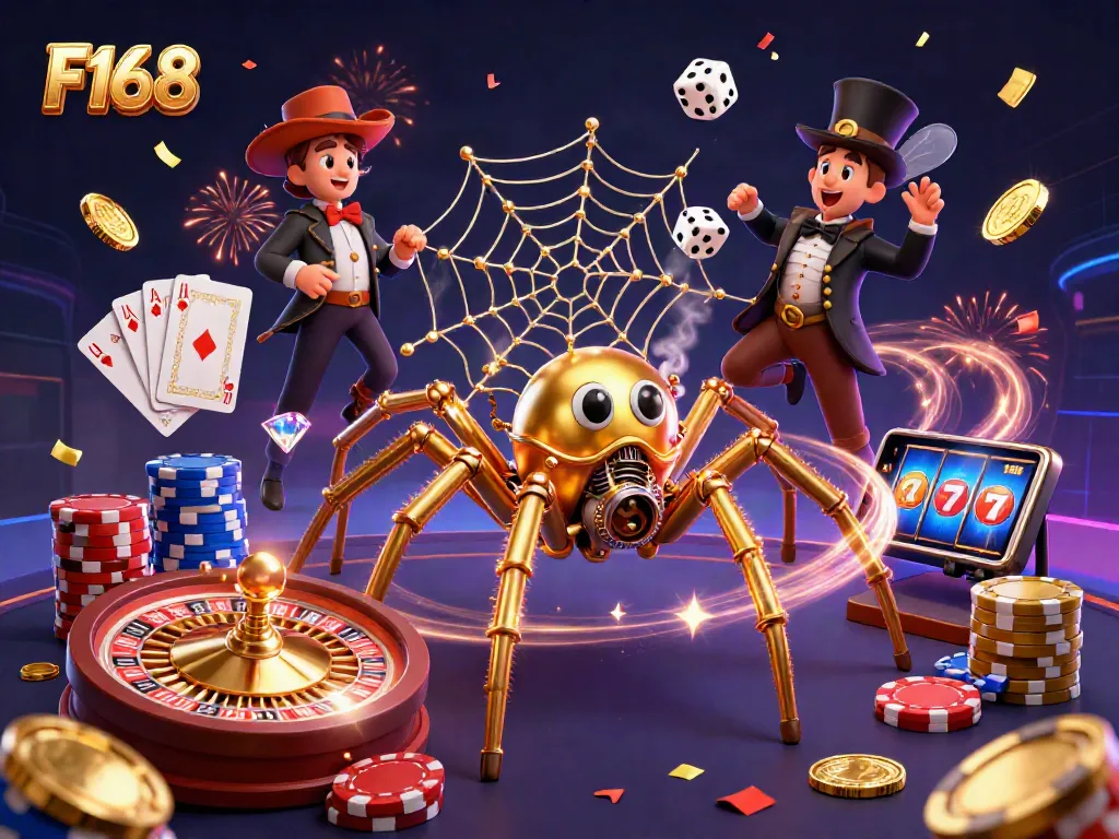 Engage with F168's vibrant casino world through a golden web of luck and excitement.
