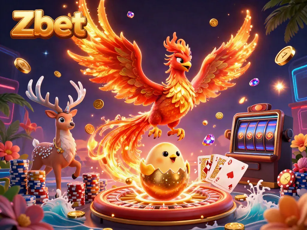 Zbet gaming scene showcasing a phoenix and mystical stag amidst golden coins and vibrant casino elements
