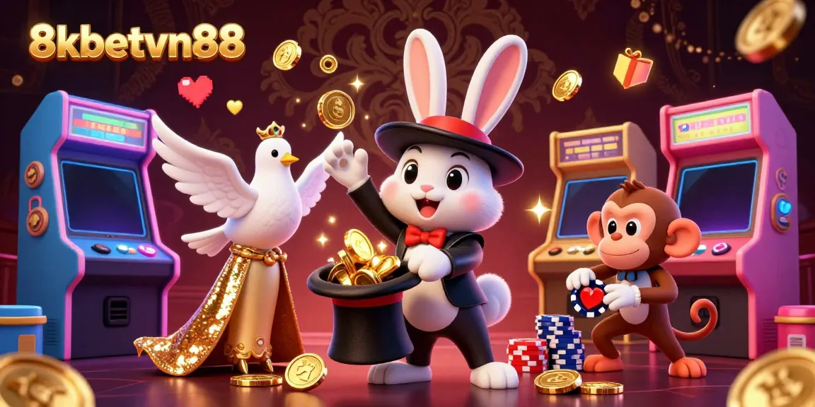 Experience exciting gaming with 8xbetvn88's vibrant casino illustration featuring a magician rabbit and playful monkey.