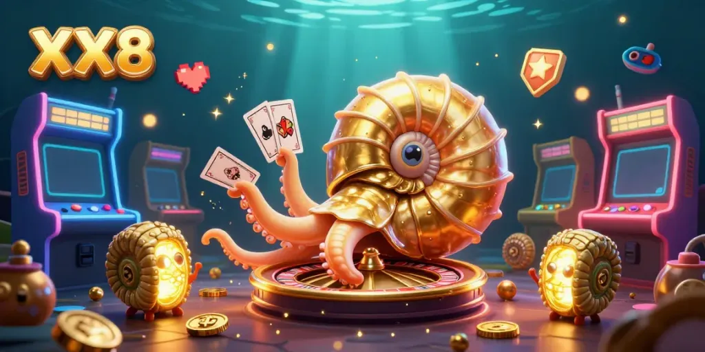 Engage in the vibrant world of XX8 featuring a giant nautilus roulette wheel surrounded by casino-themed elements.