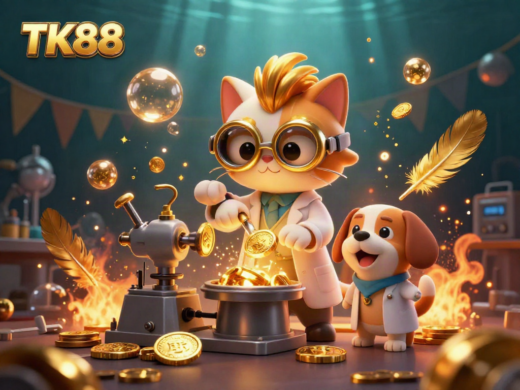Experience thrilling action with TK88 in a vibrant 3D casino-themed illustration of a mad scientist cat and loyal dog, creating gold.