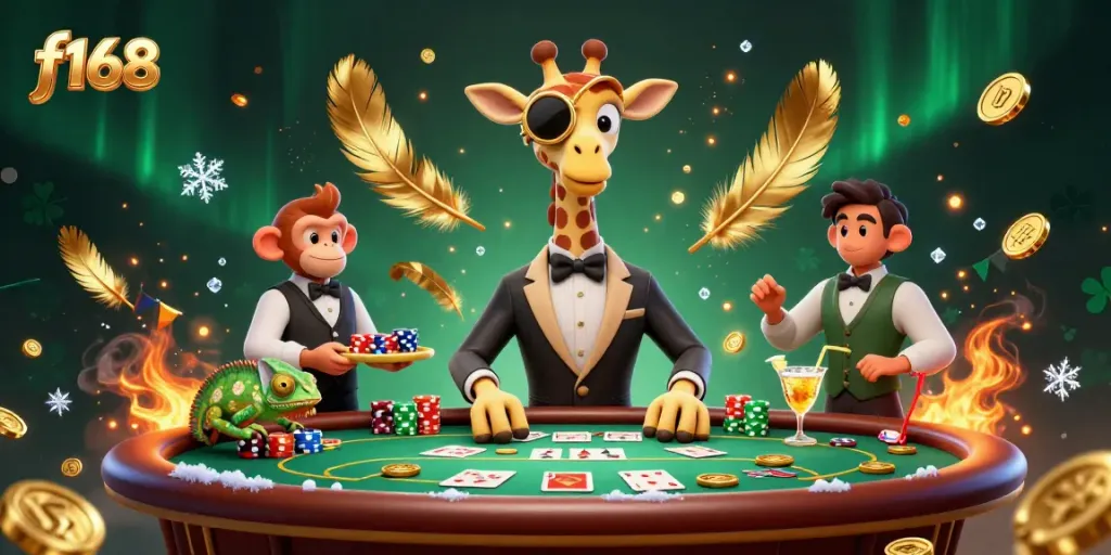 Engage in thrilling f168 poker gameplay with a high-roller giraffe and chameleon bartender.