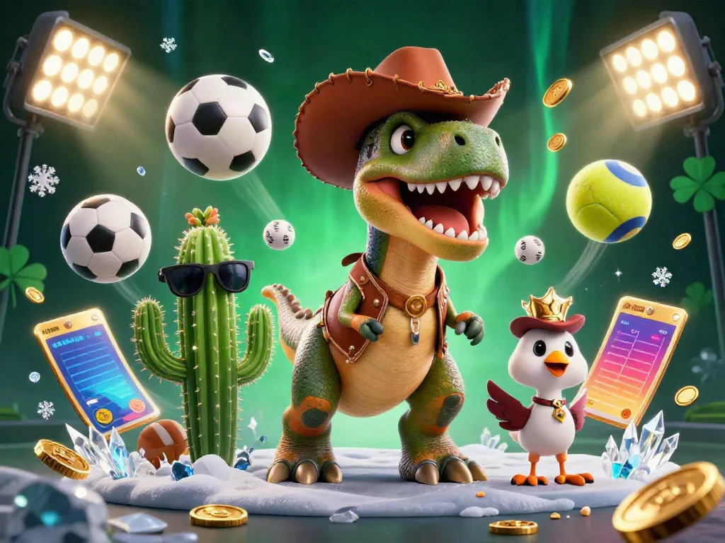 Kuwin showcases thrilling casino games with a cowboy dinosaur and vibrant sports elements in a dynamic scene.